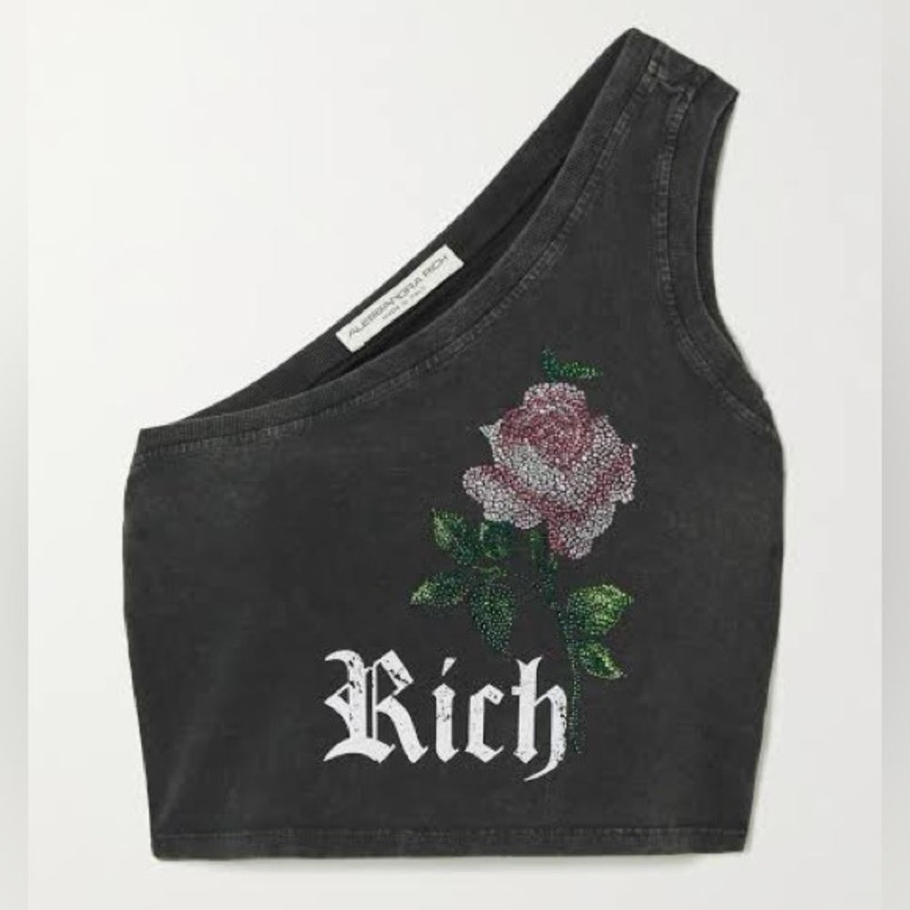 🖤Alessandra Rich One-Shoulder Rhinestone “Rich” Rose Crop Top🌸
